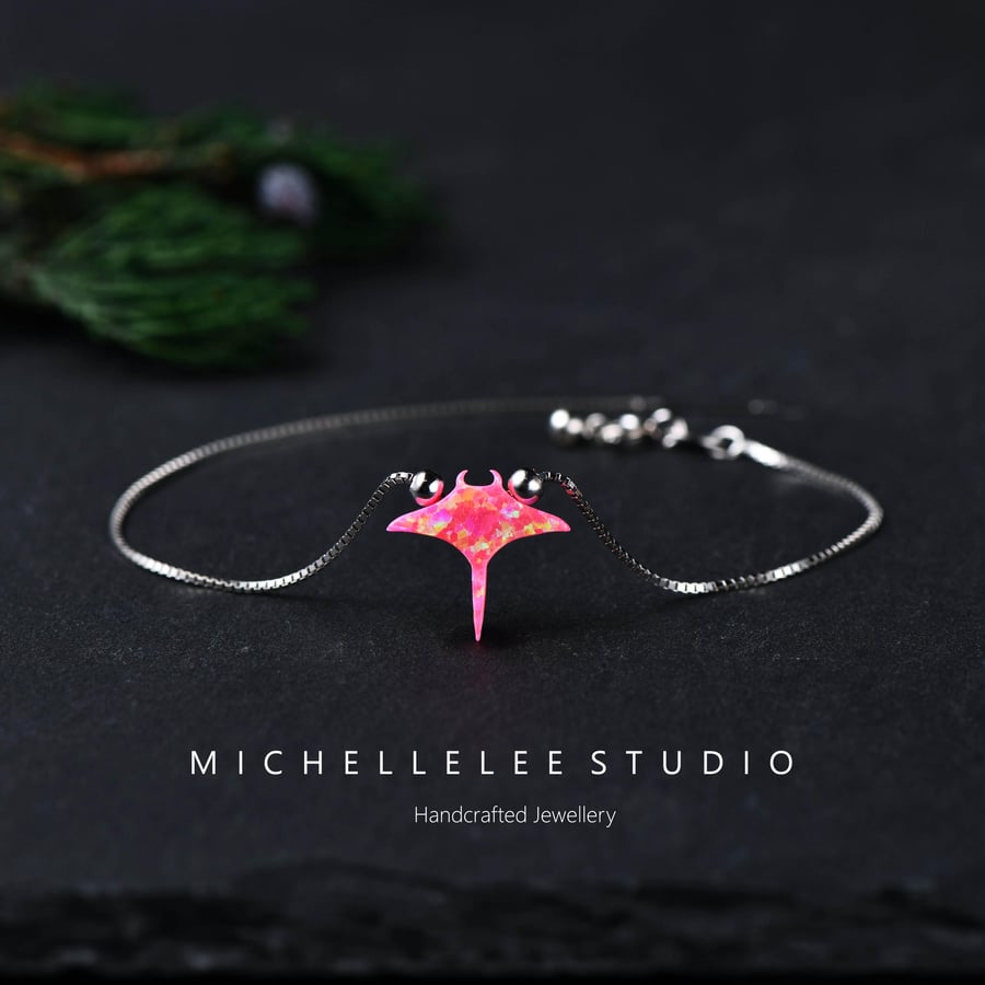 Pink Opal Manta Ray Bracelet With Sterling Silver Chain