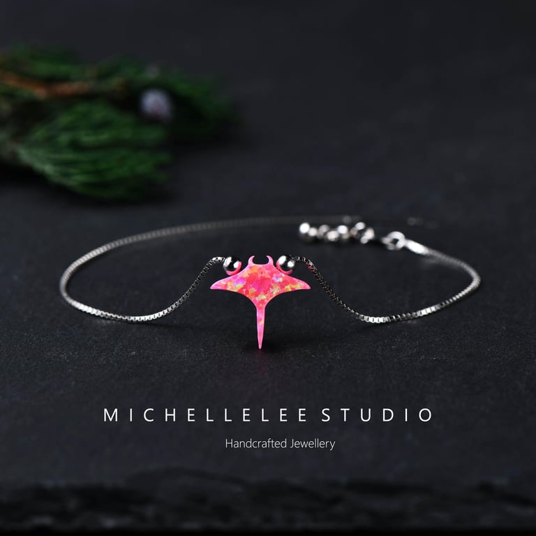 Pink Opal Manta Ray Bracelet With Sterling Silver Chain