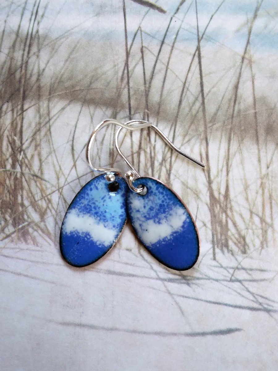 Blue and white oval earrings in enamelled copper 227