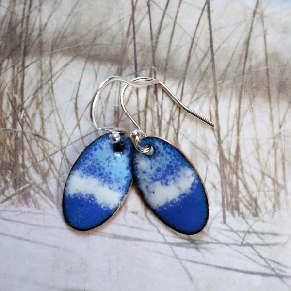 Blue and white oval earrings in enamelled copper 227