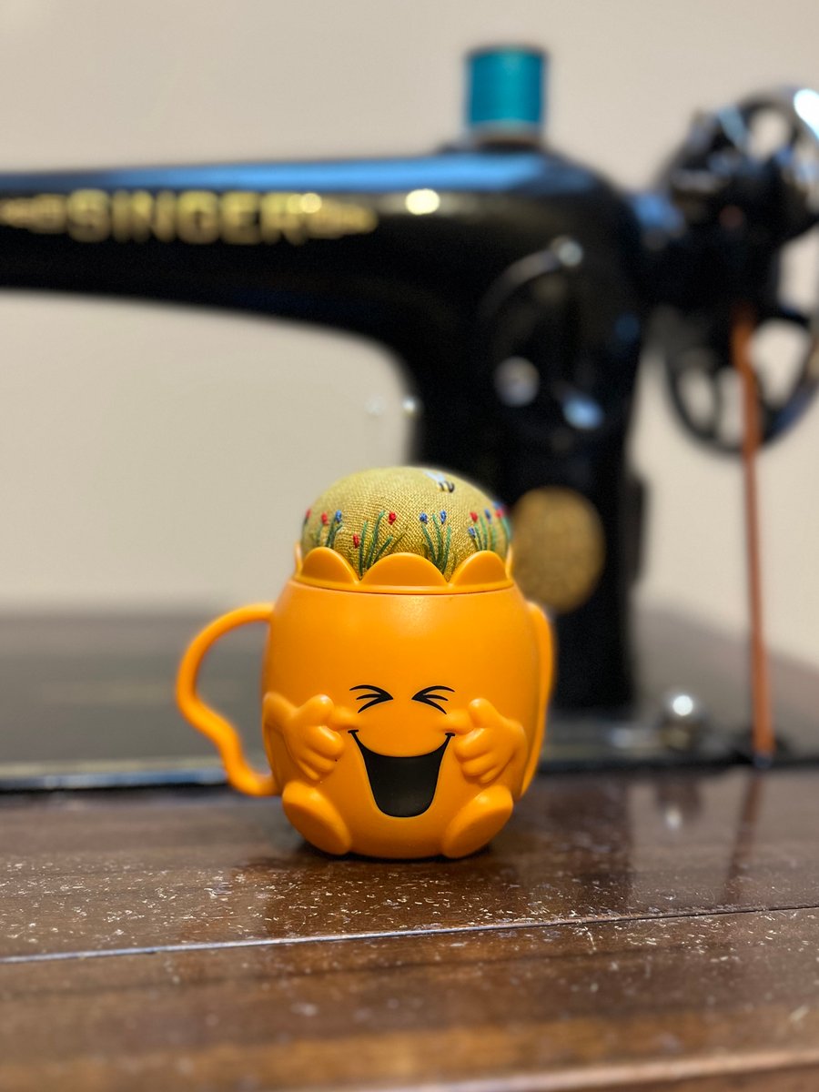 Pin cushion in a novelty plastic cup - embroidered flowers and bee