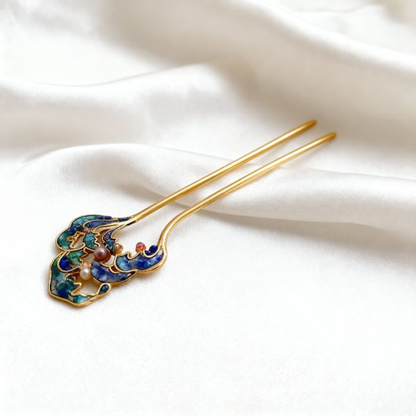 Ocean Wave Double-Prong Hairpin with Shell, Beads and Resin