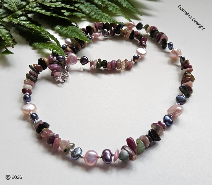 Tourmaline & Freshwater Pearl Sterling Silver Necklace 