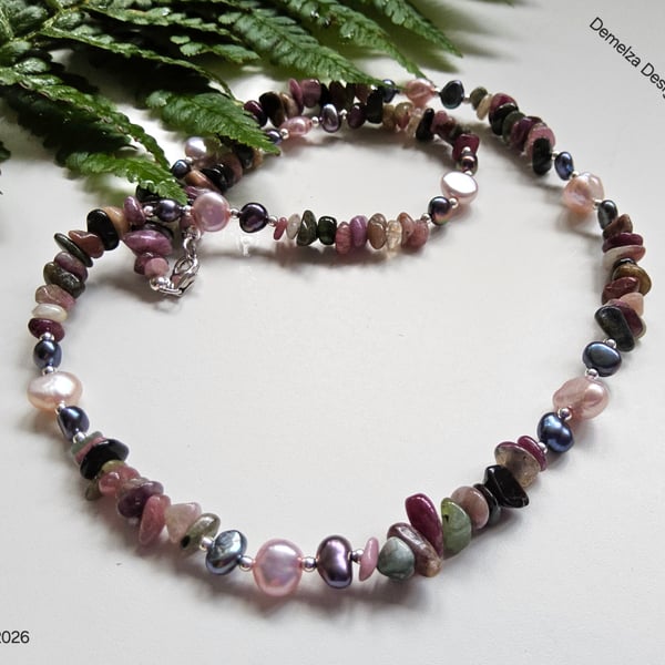 Tourmaline & Freshwater Pearl Sterling Silver Necklace 