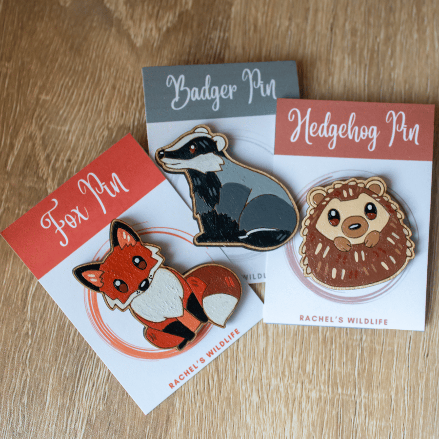 Woodland Animal Wooden Pin Set – Fox, Badger & Hedgehog (Set of 3)