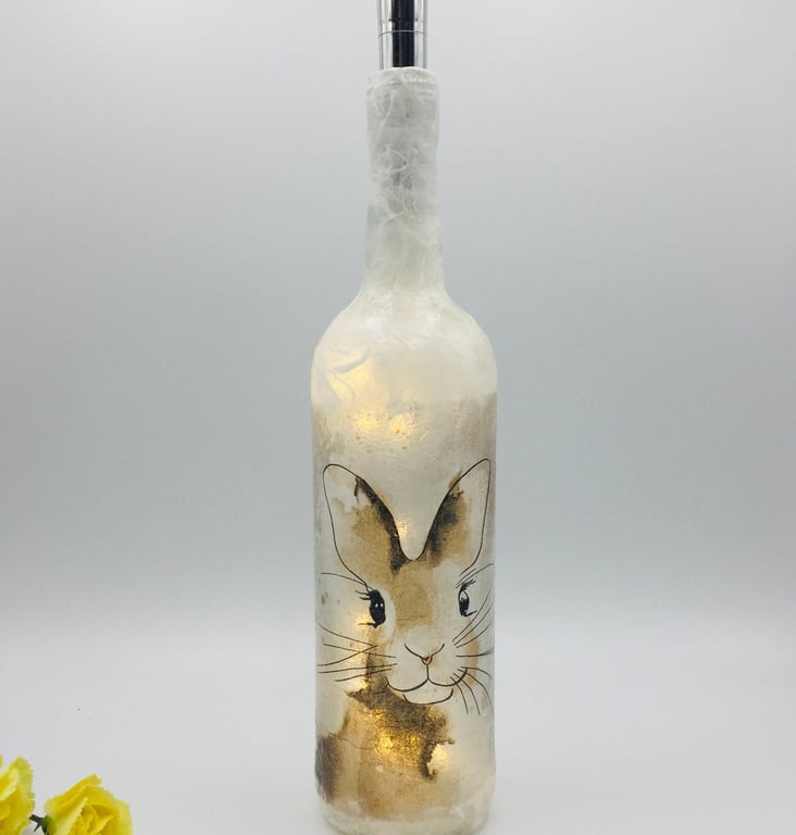 Decoupage bottle light, rabbit, bunny, light up bottle