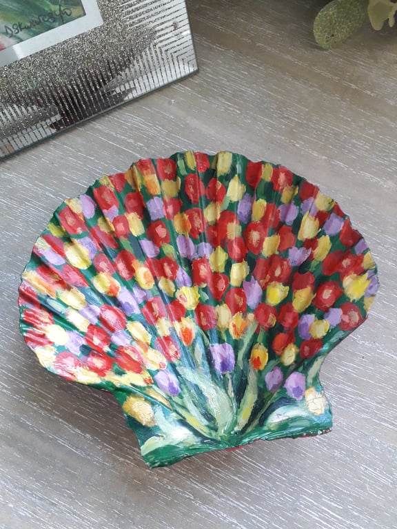 Tulip field handpainted scallop shell Trinket dish.  