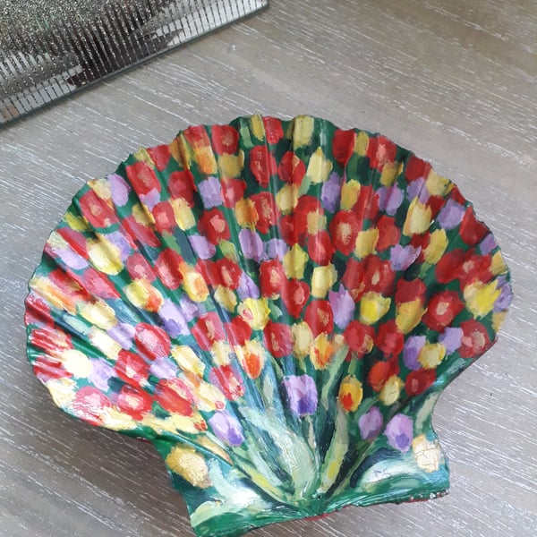 Tulip field handpainted scallop shell Trinket dish.  