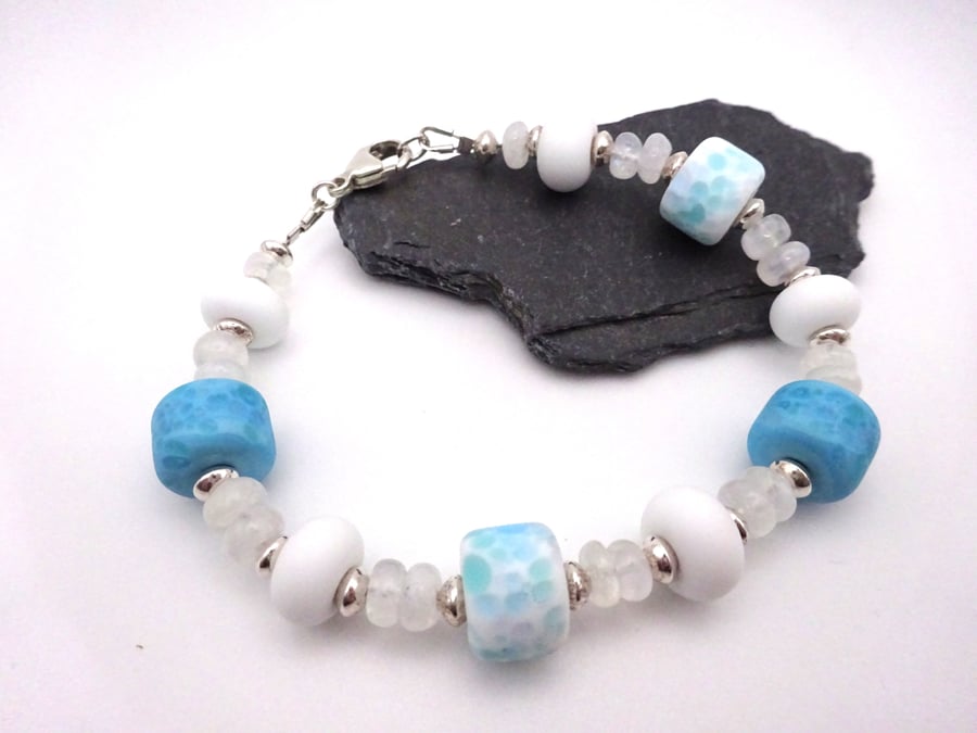 white and blue lampwork glass, moonstone bracelet