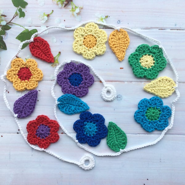 Crochet Rainbow Flowers and Leaves Garland