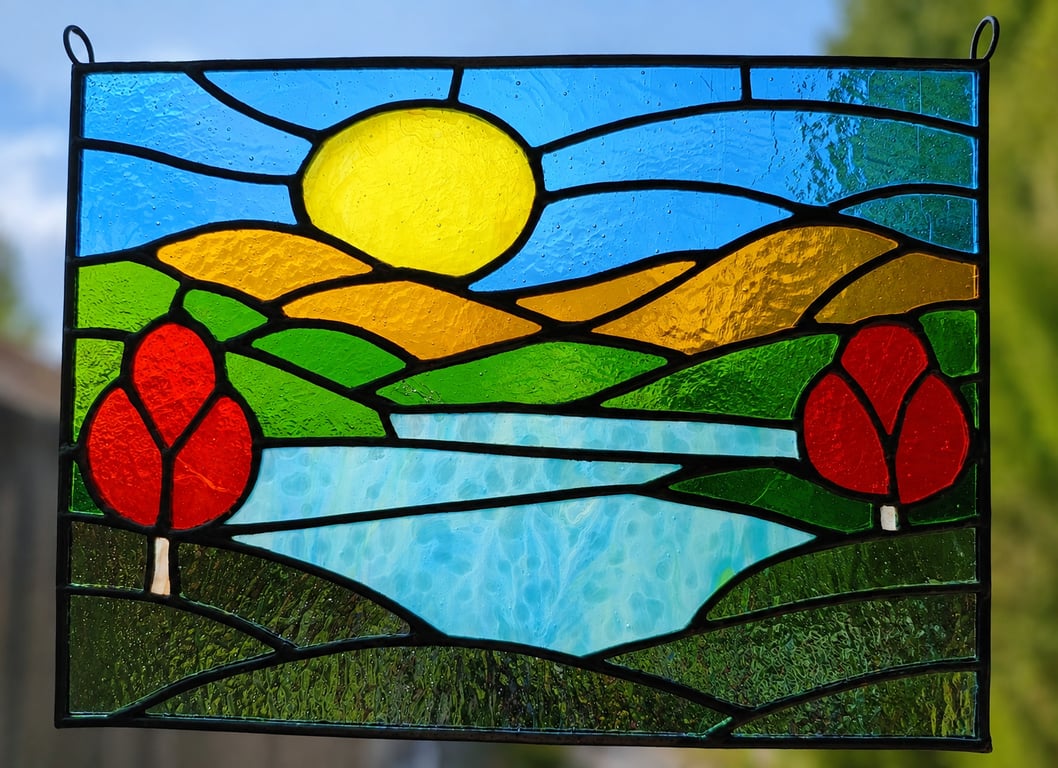 Handmade stained glass sunset landscape panel a4