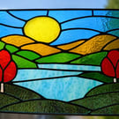 Handmade stained glass sunset landscape panel a4