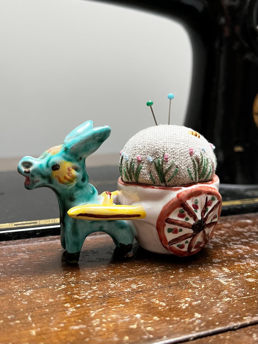 Italian Donkey Pincushion embroidered flowers and bee