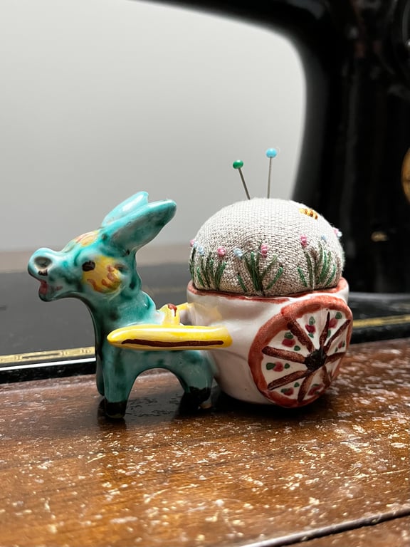 Italian Donkey Pincushion embroidered flowers and bee