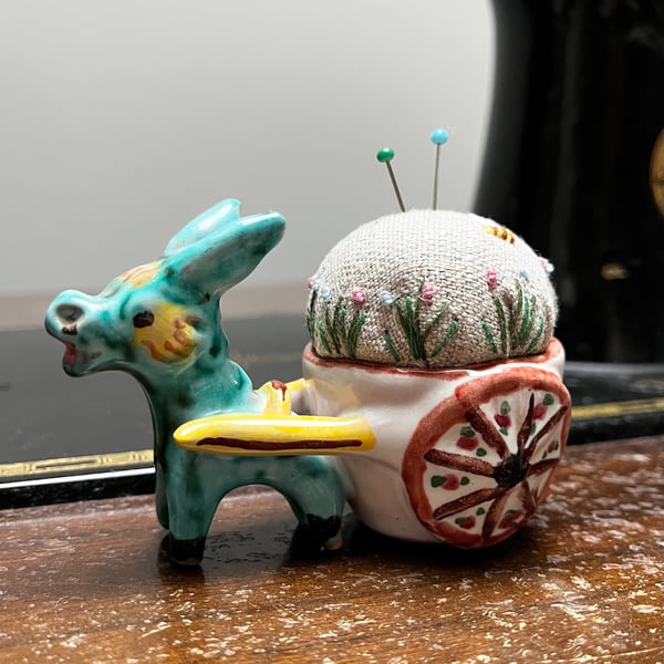 Italian Donkey Pincushion embroidered flowers and bee