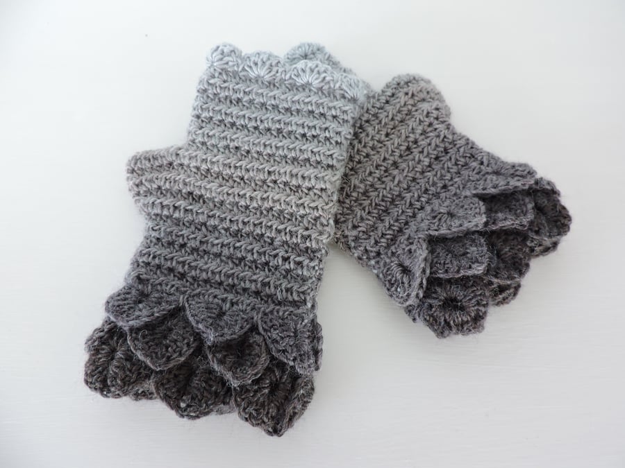 Fingerless Mitts with Dragon Scale Cuffs Charcoal, Dark Grey, Pale Grey