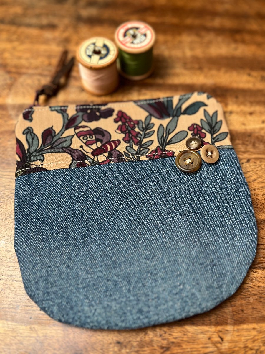 Liberty Penelope and reclaimed denim zip pouch with curved bottom