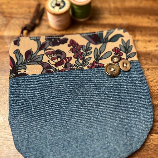 Liberty Penelope and reclaimed denim zip pouch with curved bottom