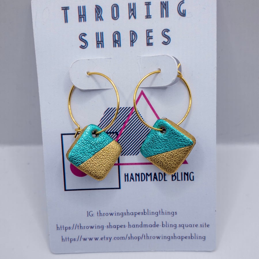 Handmade small square earrings in turquoise and gold striped leather, lightweigh