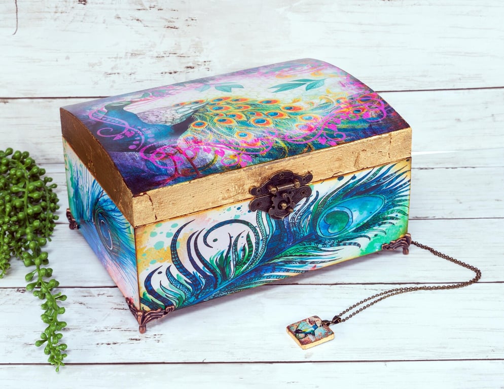 Purple Peacock Jewellery Box, Shabby Chic, Chest, Mother's Day Gift for Her