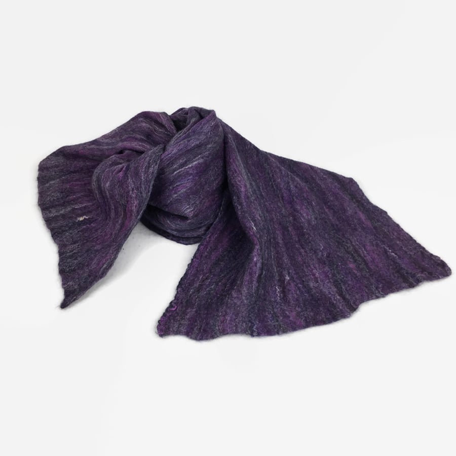 Nuno felted scarf, purple merino wool and silk fibres on silk chiffon