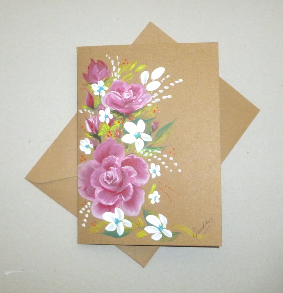 hand painted original art roses blank greetings card ( ref F 864 G9 )