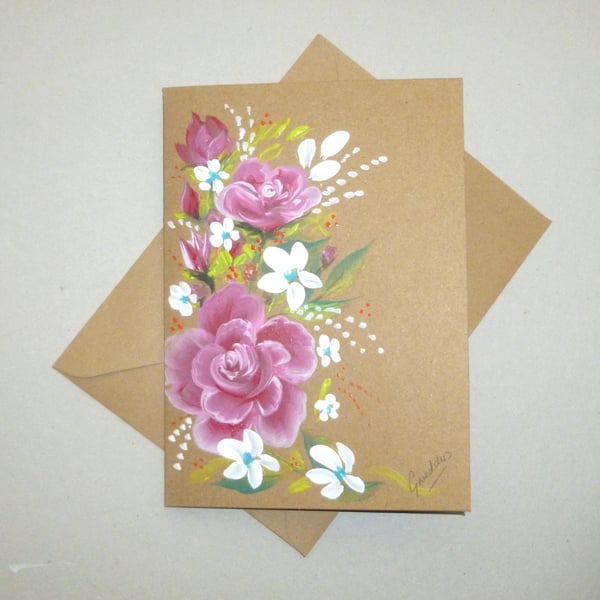 hand painted original art roses blank greetings card ( ref F 864 G9 )