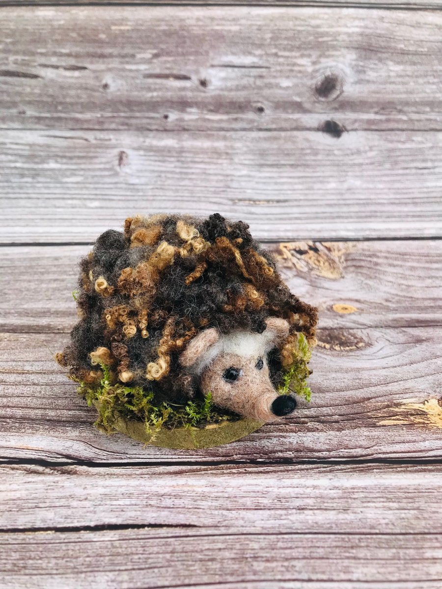 Harry - Needle Felted Hedgehog on Wooden Base - handmade countryside gift