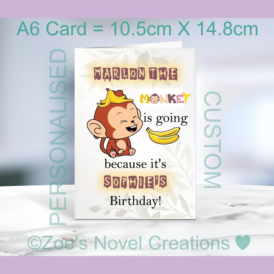 Birthday Greetings Card, personalised, monkey 10.5cm x 14.8cm