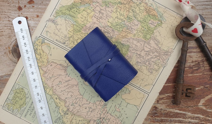 Handmade Leather Journal - Tiny Size 3 x 2 - Hand-Stitched - Blue