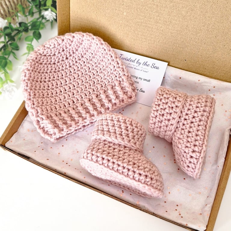 Crochet Baby Beanie Hat & Booties Set - Handmade New Baby Gift