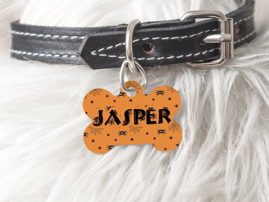 Pet ID Tag Personalised Dog Cat Halloween Spider Bone Shape Keyring Gift