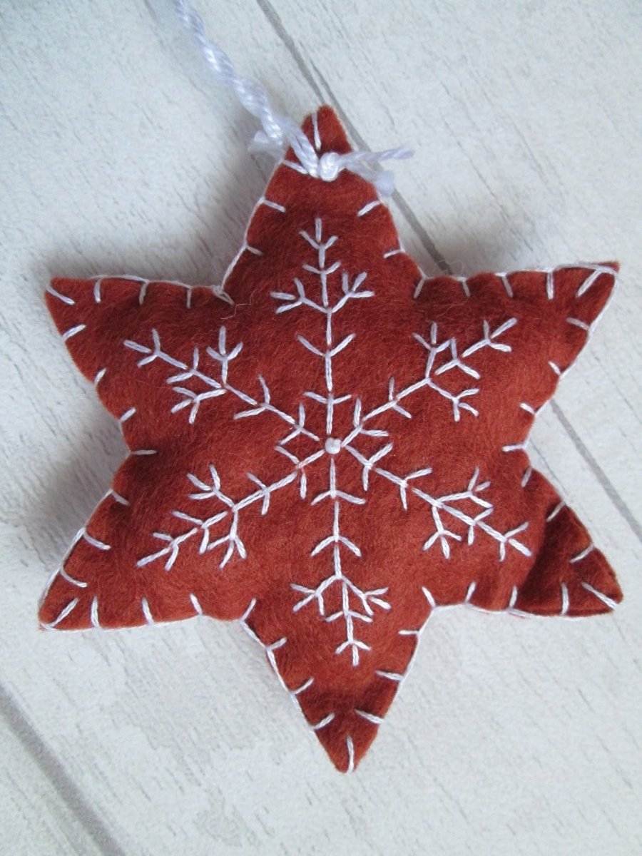 Hand Embroidered Felt 'Gingerbread' Snowflake Tree Decoration - B