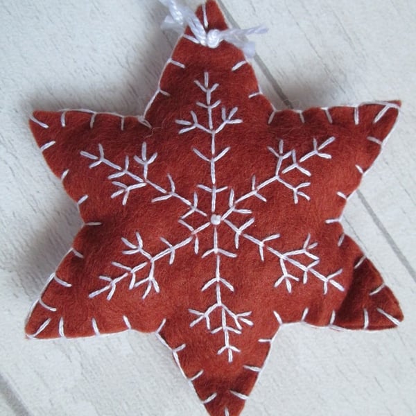 Hand Embroidered Felt 'Gingerbread' Snowflake Tree Decoration - B