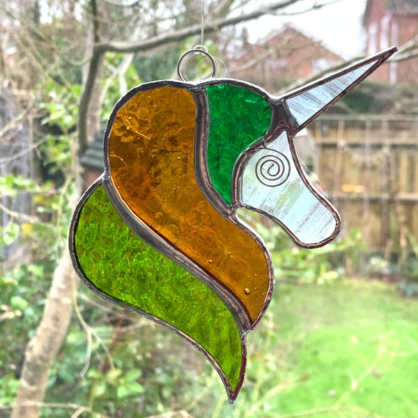 Stained Glass Unicorn Suncatcher - Handmade Decoration - Green and Amber