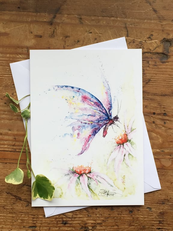 Butterfly Card, A5 blank greeting card with a watercolour butterfly and flowers