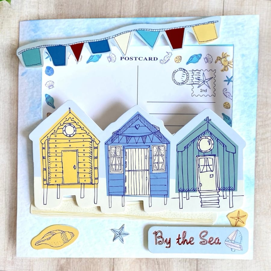 Beach Themed Card with Beach Huts and a Seaside Postcard