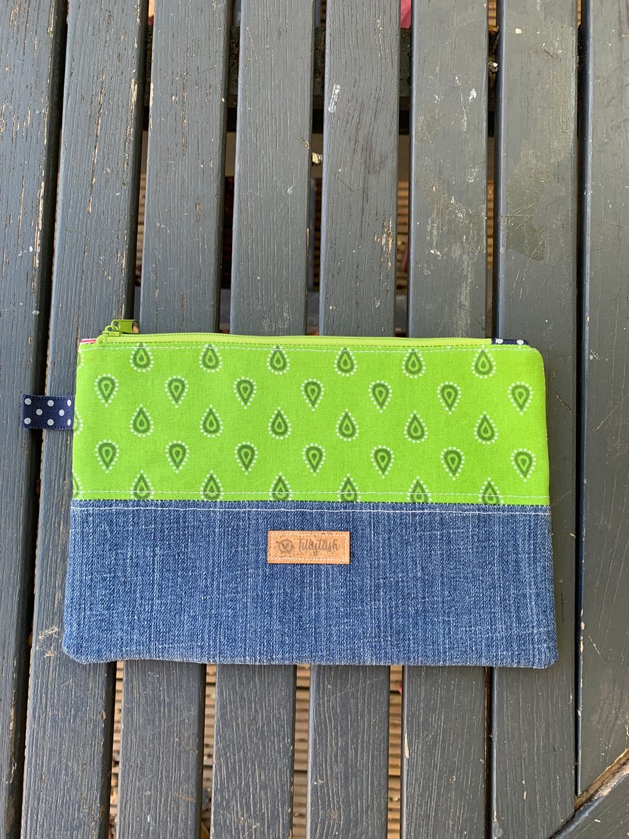 Lime green paisley and denim zipper pouch, make up bag