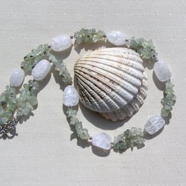 Green Prehnite & Crackled Clear Quartz Crystal Gemstone Necklace - Free UK Mail