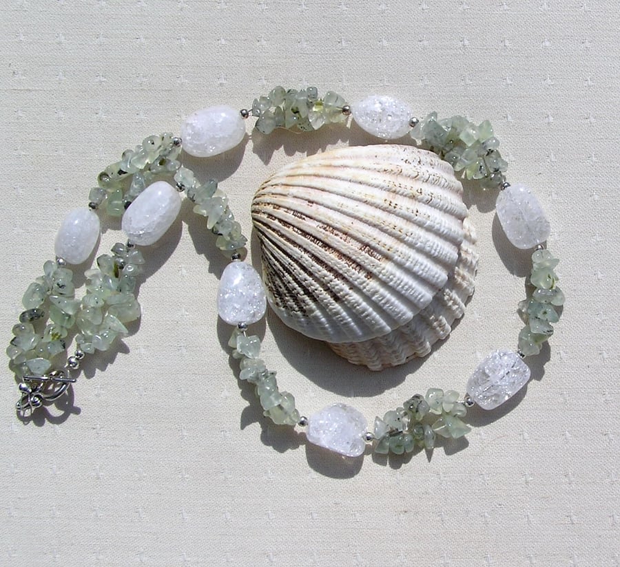 Green Prehnite & Crackled Clear Quartz Crystal Gemstone Necklace - Free UK Mail