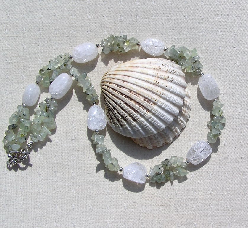 Green Prehnite & Crackled Clear Quartz Crystal Gemstone Necklace - Free UK Mail