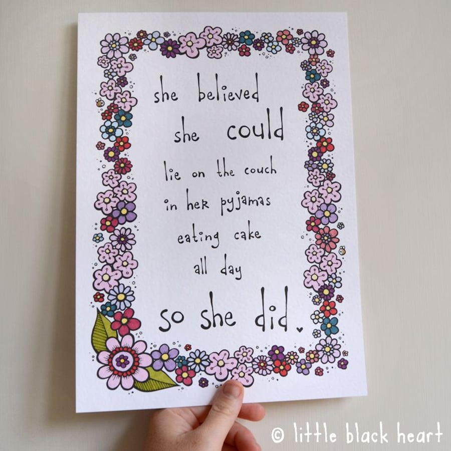 believe quote - hand coloured print - pink (A4)