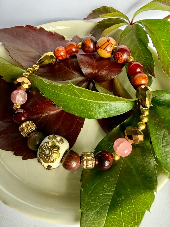 Gemstone Glass and Wooden Bead Stretch Bracelet