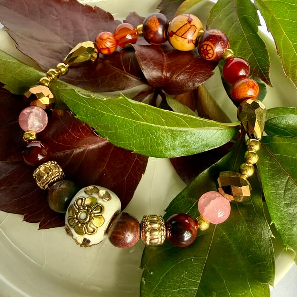 Gemstone Glass and Wooden Bead Stretch Bracelet