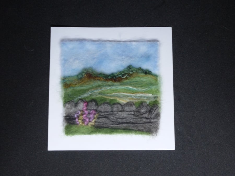 Handmade needle felted Stone wall greetings card