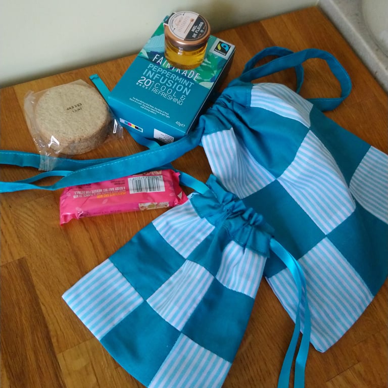 Pair of patchwork drawstring bags, gift bags, project bags. Choice of colours