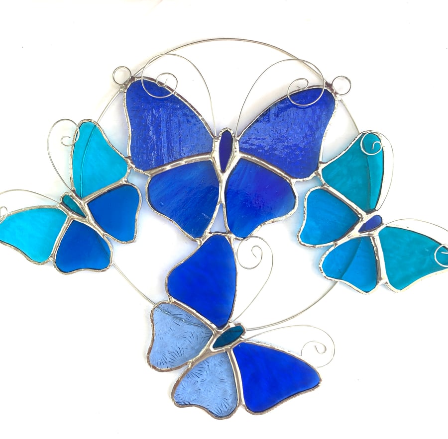 Stained Glass Butterfly Ring - Handmade Hanging Decoration - Blue and Turquoise 