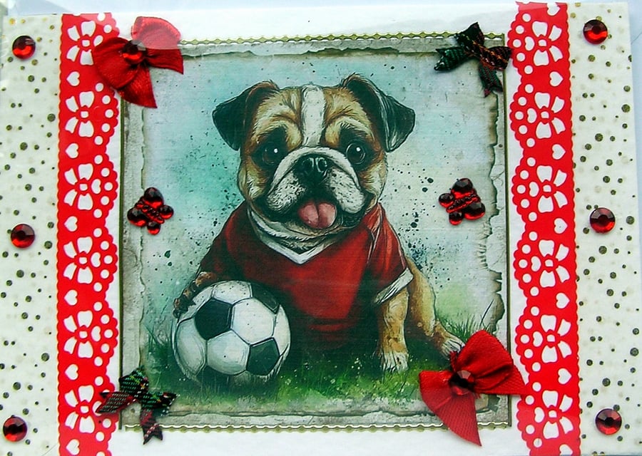 Bulldog Dog with Football - Hand Crafted Decoupage Greeting Card (3048)