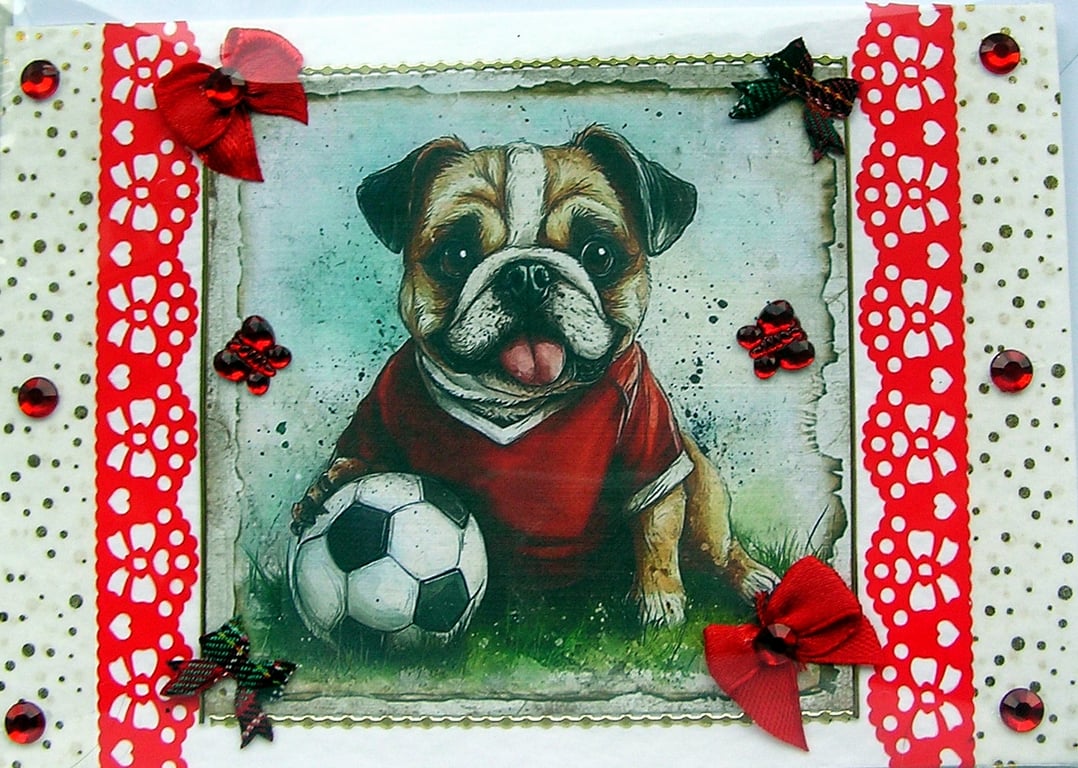 Bulldog Dog with Football - Hand Crafted Decoupage Greeting Card (3048)