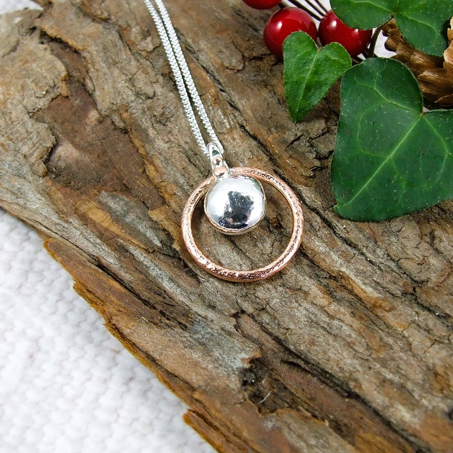 Silver Necklace. Recycled Sterling Silver Pebble with Copper Halo